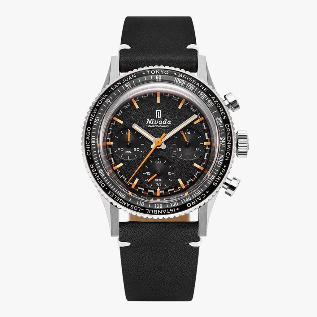 Nivada Chronoking Mecaquartz - INTER.BEZEL - Black Leather White Stitching / GMT