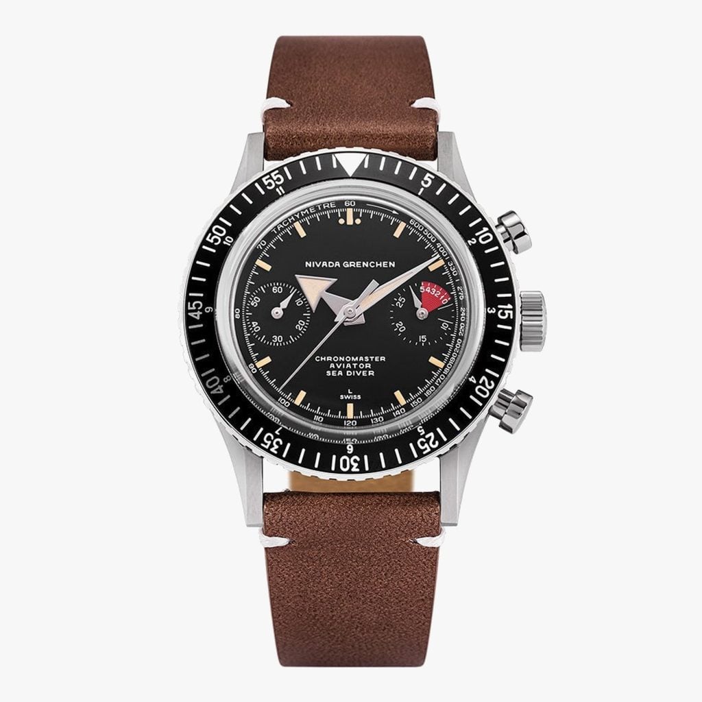 Nivada Chronomaster Broad Arrow INTER.BEZEL - 38mm - Brown Leather White Stitching / Closed Caseback