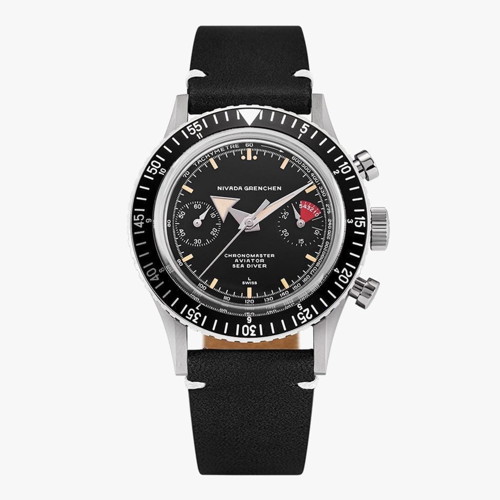 Nivada Chronomaster Broad Arrow INTER.BEZEL - 38mm - Black Leather White Stitching / Closed Caseback