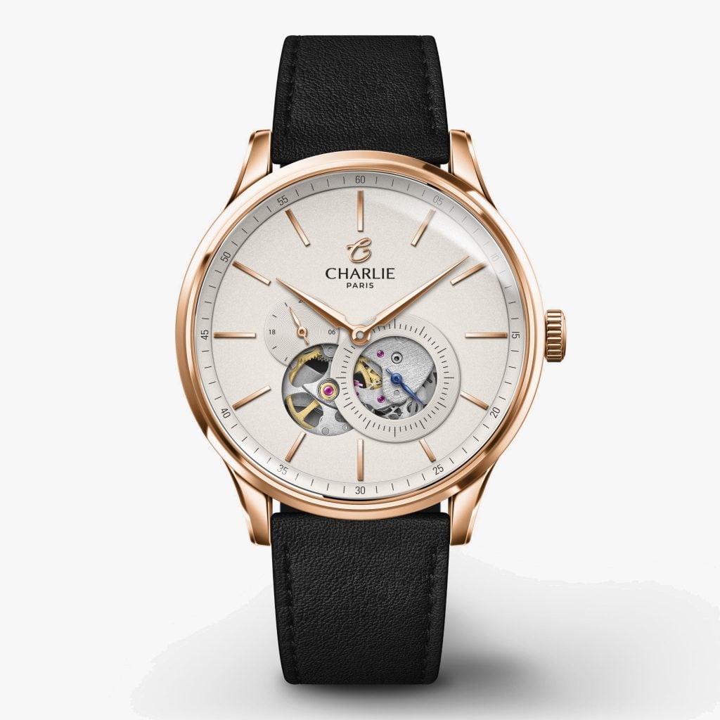 Charlie Paris Initial - Open Heart - Rose gold - Black leather