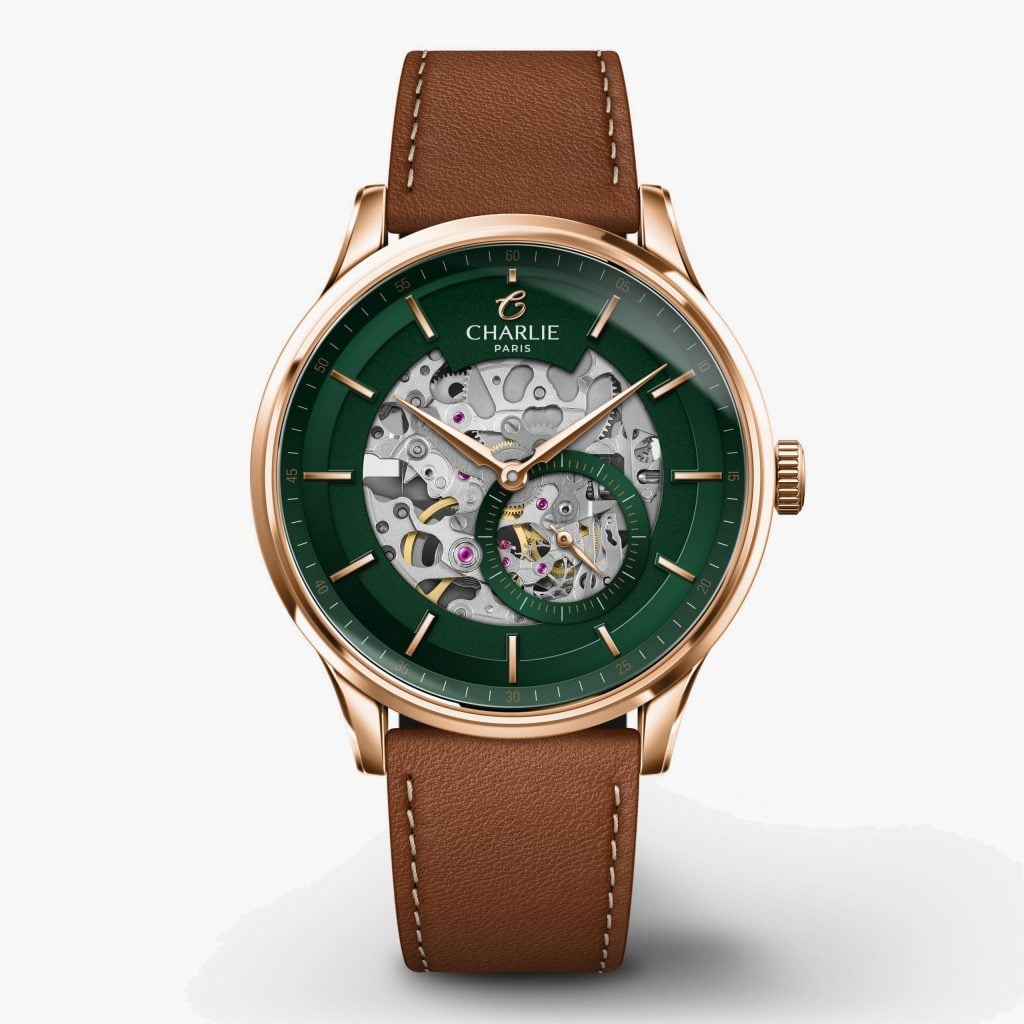 Charlie Paris Initial - Skeleton - Green & Rose Gold - Brown leather