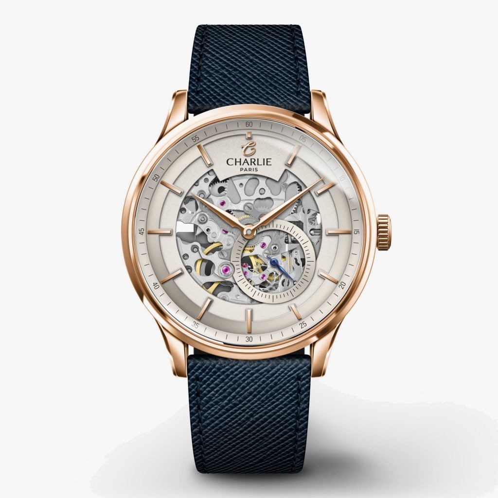 Charlie Paris Initial - Skeleton - Rose gold - Blue saffiano leather