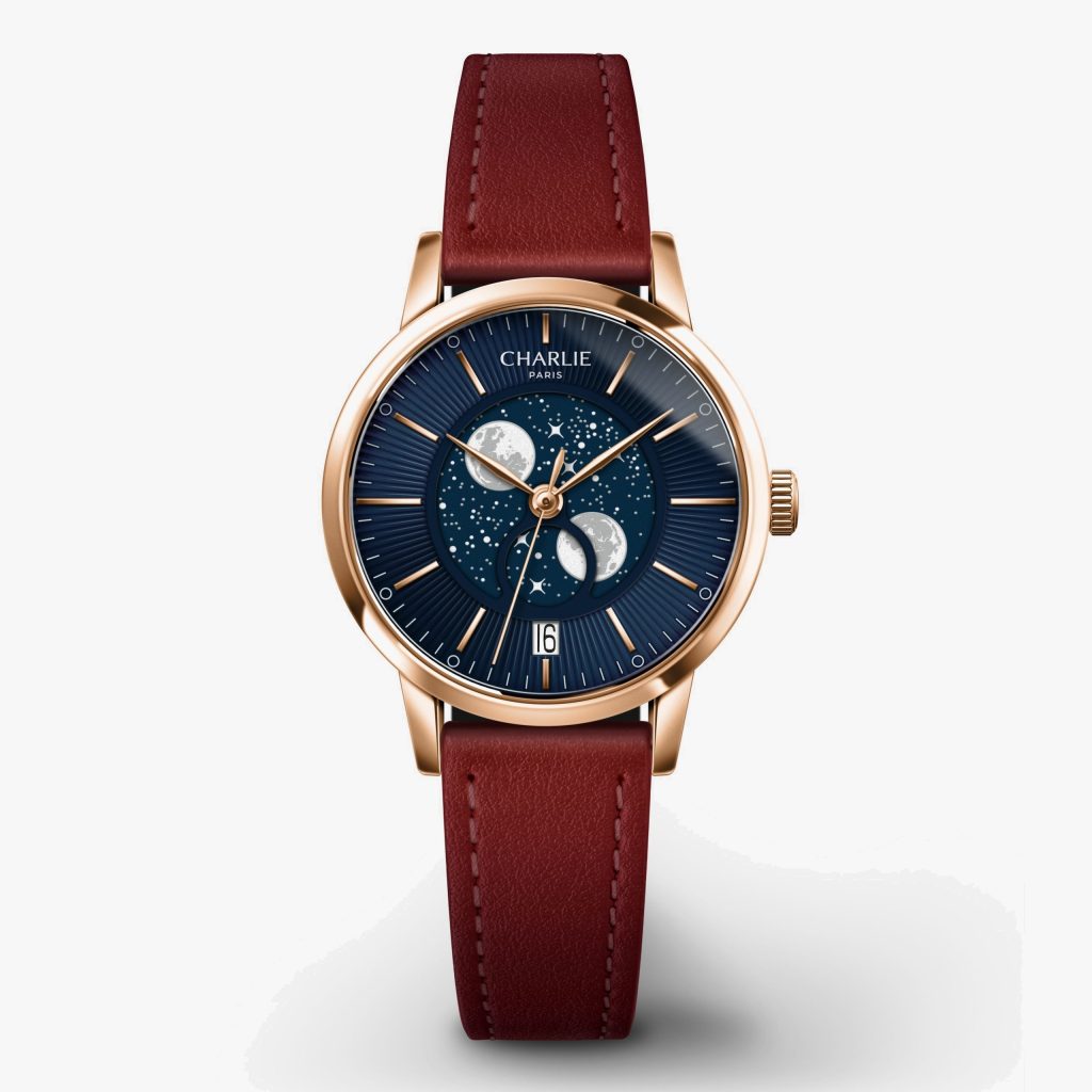 Charlie Paris Sully - Moon Phase - Rose Gold & Blue - Burgundy leather