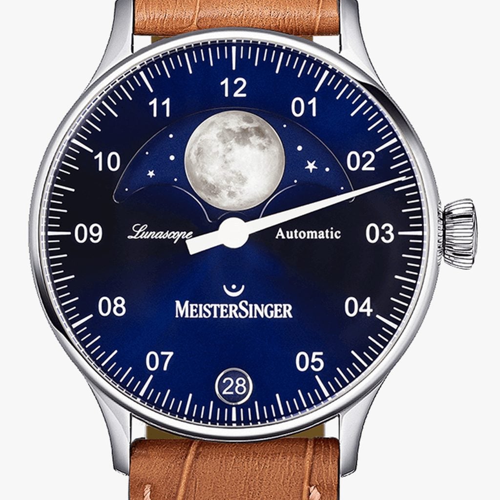 MeisterSinger Lunascope Sunburst Blue – Croco-embossed calfskin, cognac