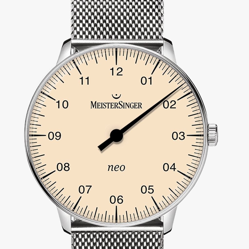 MeisterSinger Neo Ivory with sapphire glas – Brazalete milanesa de malla fina