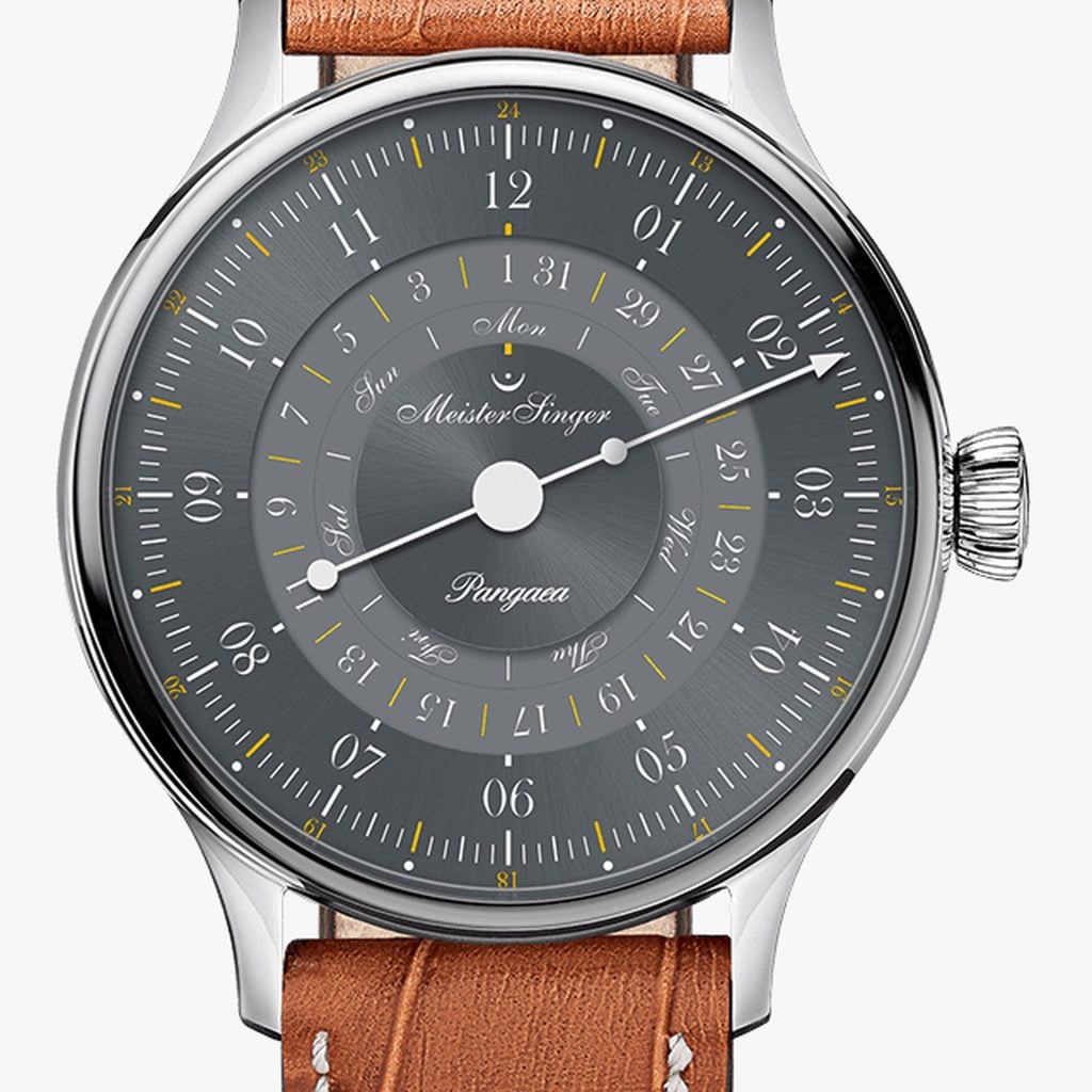 MeisterSinger Pangaea Day Date 365 Grey – Cuir de vachette imprimé croco, cognac avec couture blanche
