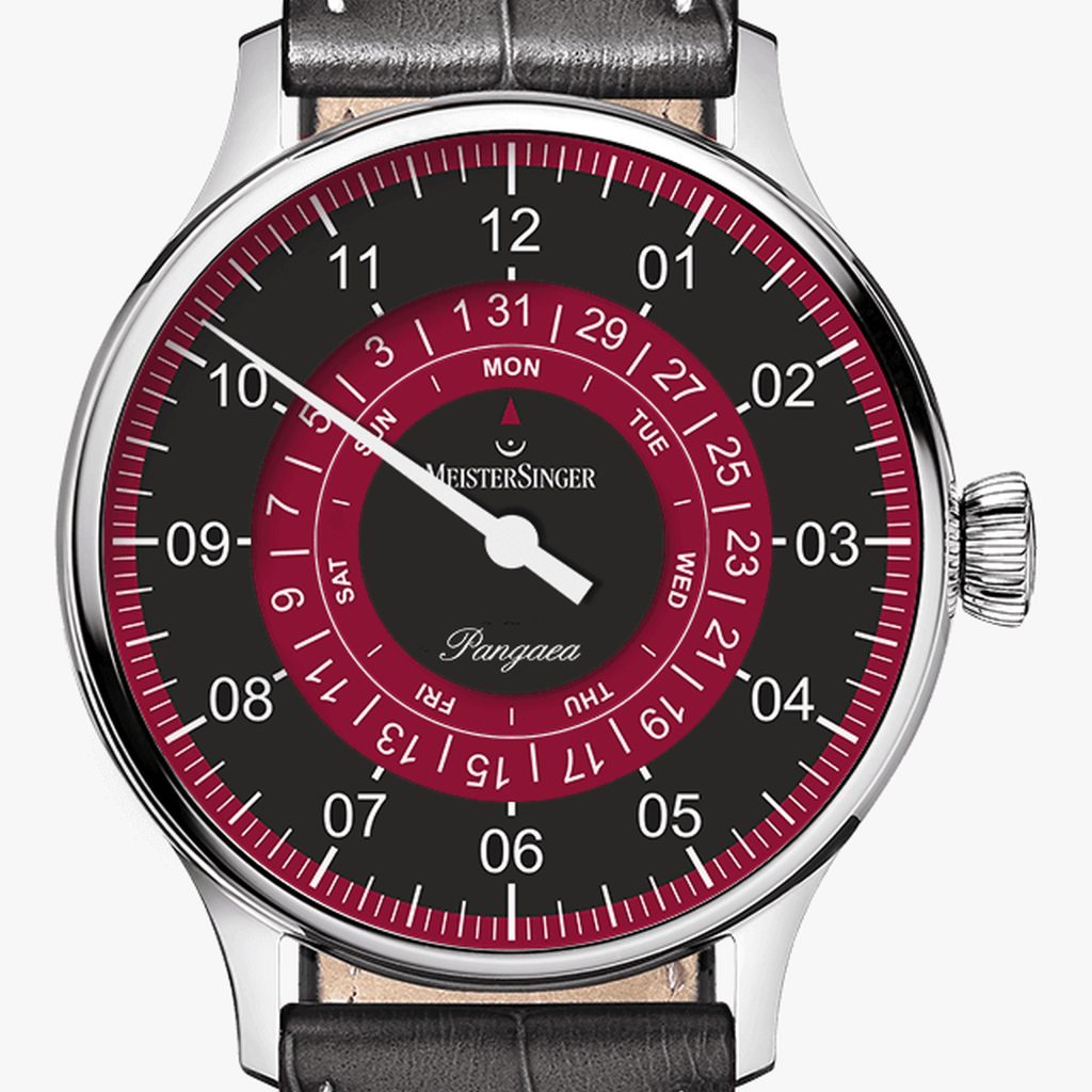 MeisterSinger Pangaea Day Date Black with Bordeaux – Cuir de veau imprimé croco, noir avec couture blanche