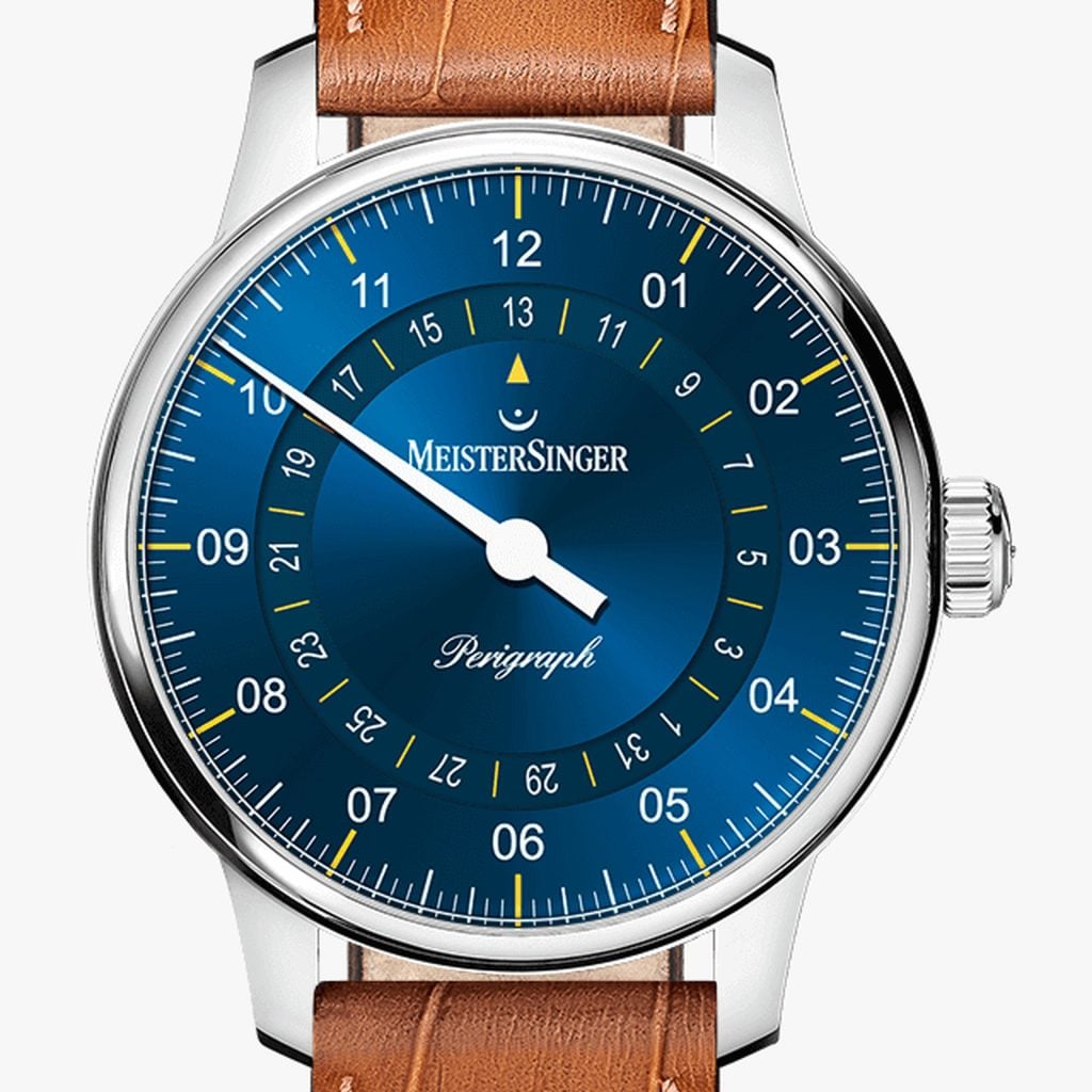 MeisterSinger Perigraph 38mm Medium blue/yellow – Pelle bovina stampa cocco, cognac con cuciture bianche