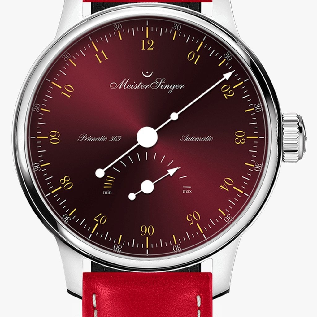 MeisterSinger Primatic 365 Sunburst bordeaux with gold – Pelle di vitello liscia, rossa con cucitura bianca