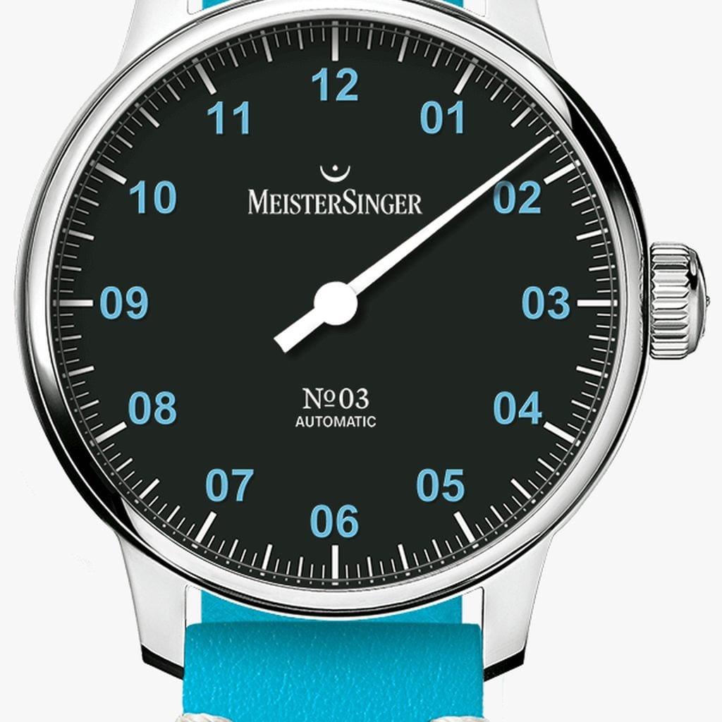 MeisterSinger Special №03 43mm – Pelle di sella vintage, blu