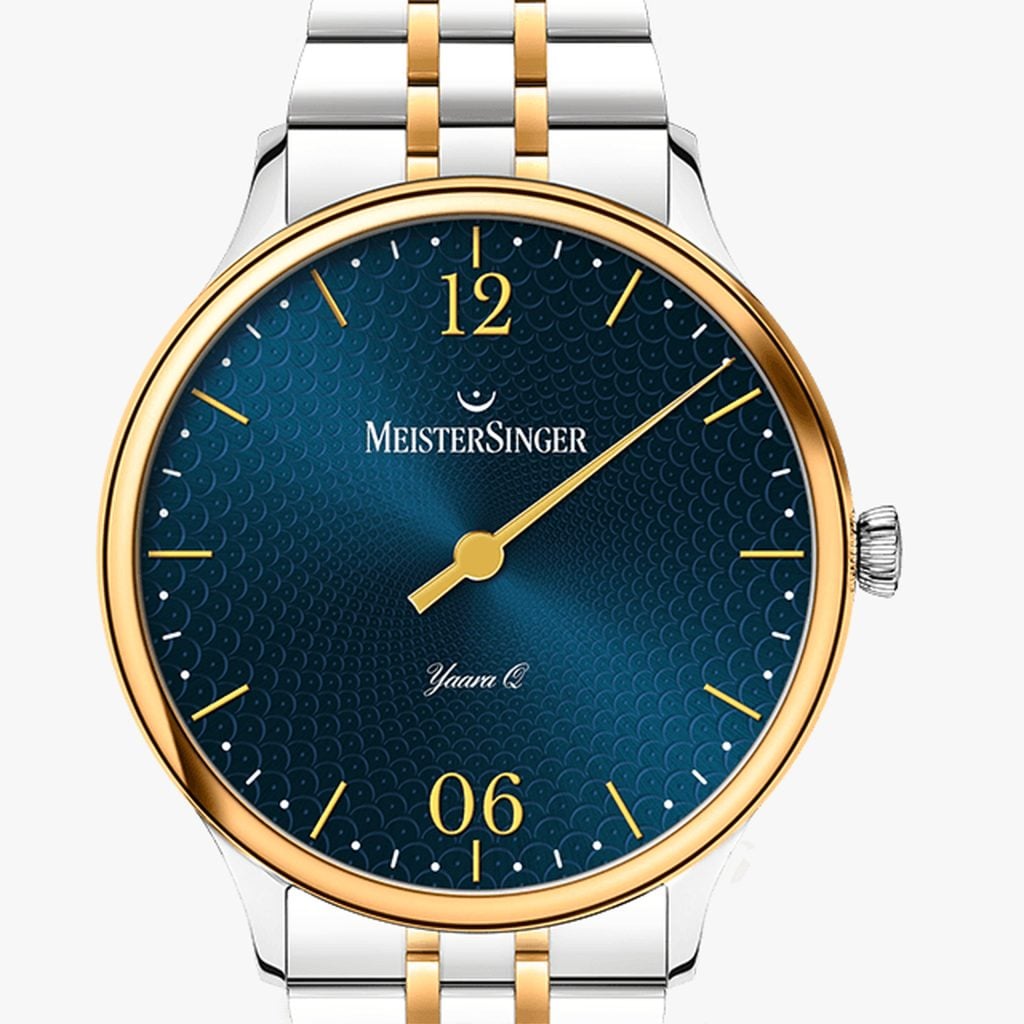 MeisterSinger Yaara Sunburst Blue with Gold – Brazalete de eslabones, acero y oro