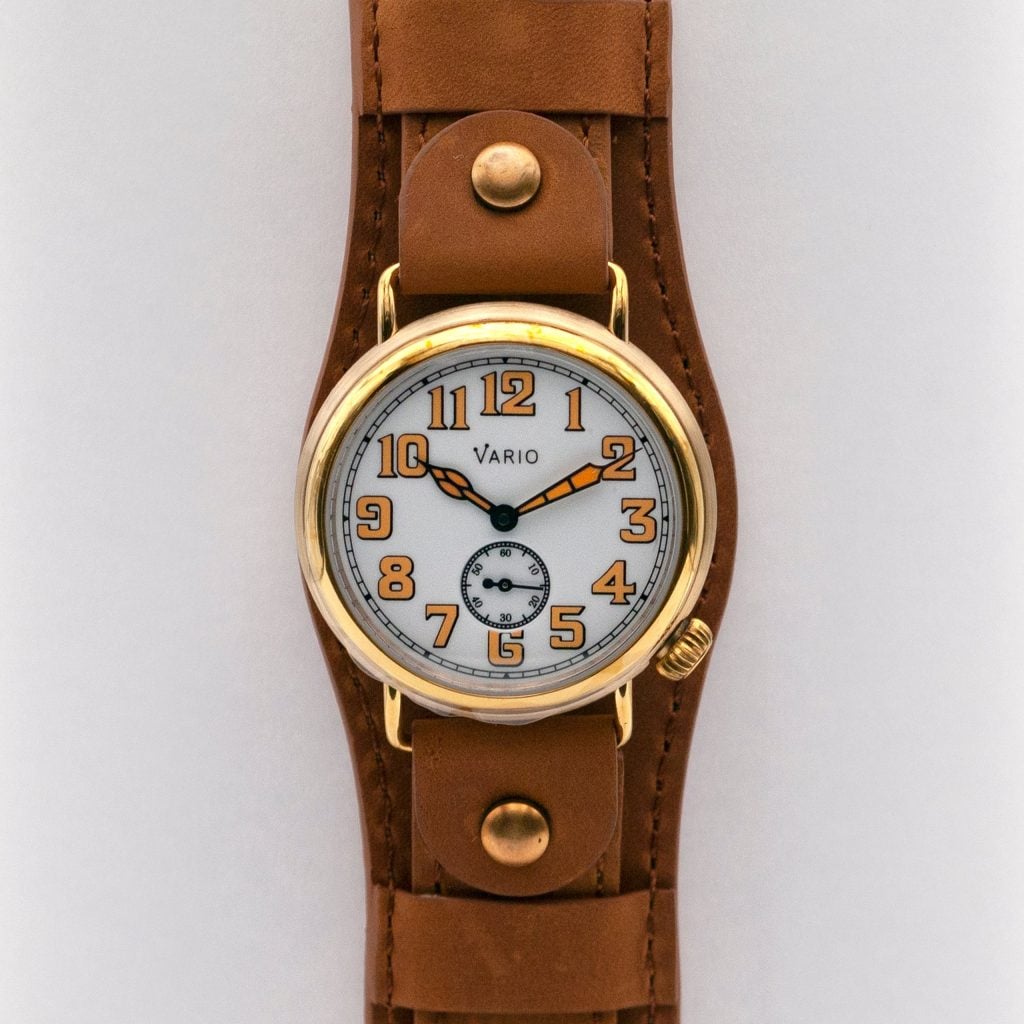 Vario 1918 Trench Brass White Dial with Orange Lume 37 mm Bund Camel Brown 40 mm Bund Forest Green