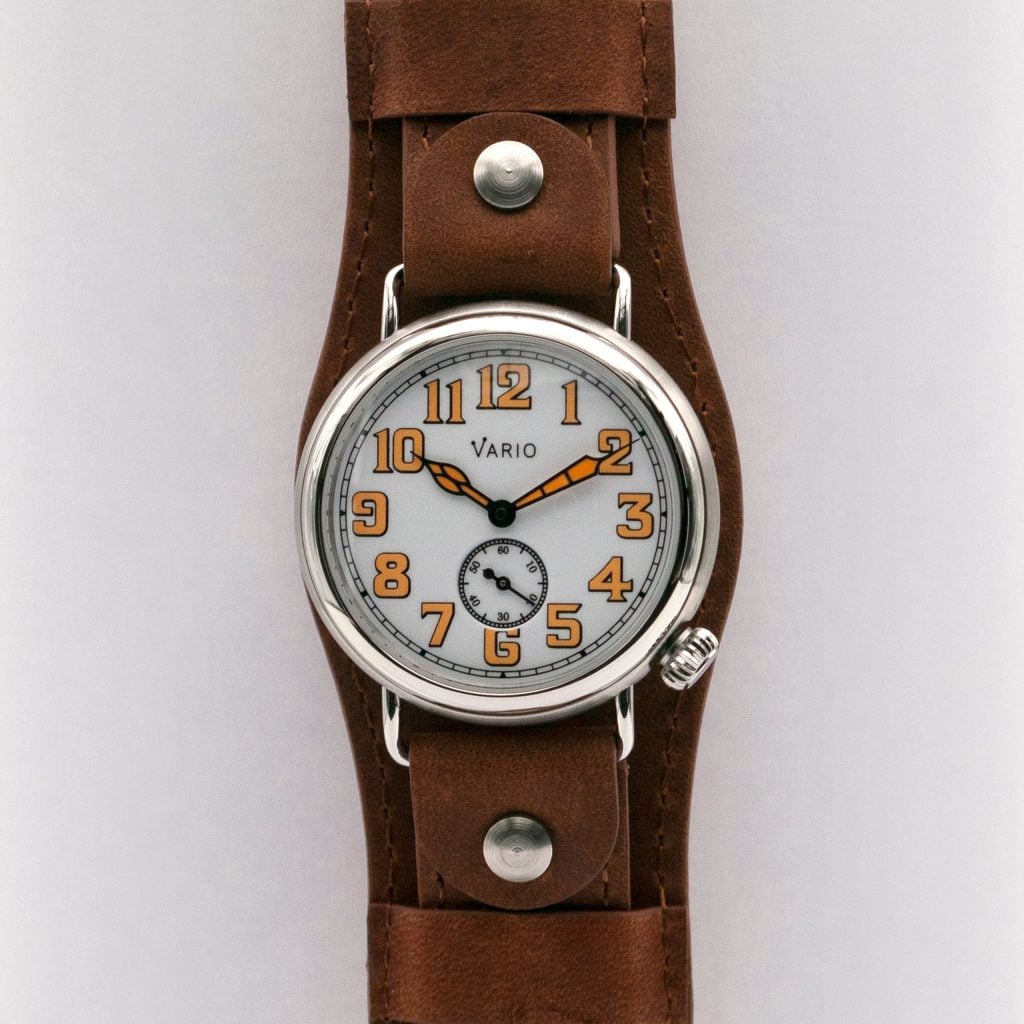 Vario 1918 Trench White Dial with Orange Lume 37 mm Bund Camel Brown 40 mm Bund Cinnamon Brown