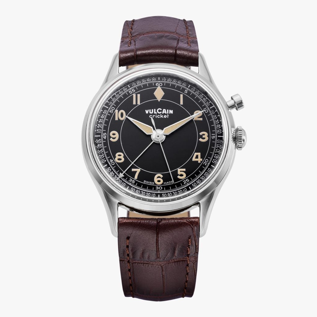 Vulcain Cricket Classique - Black & Khaki numbers – Brown Calf Skin Leather ALLIGATOR-PRINTED, Sapphire Crystal See Through Case BACK, 39 mm