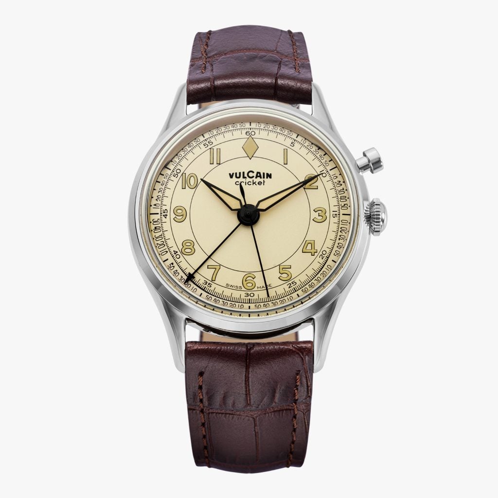 Vulcain Cricket Classique - Eggshell – Brown Calf Skin Leather ALLIGATOR-PRINTED, Sapphire Crystal See Through Case BACK, 39 mm