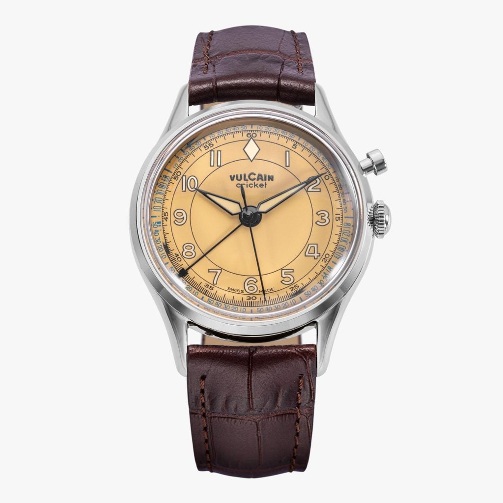 Vulcain Cricket Classique - Khaki Brown – Brown Calf Skin Leather ALLIGATOR-PRINTED, Sapphire Crystal See Through Case BACK, 36 mm
