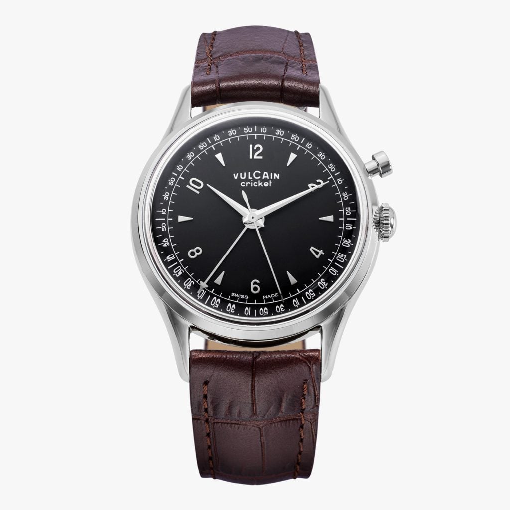 Vulcain Cricket Tradition - Black – Brown Calf Skin Leather ALLIGATOR-PRINTED, Steel Case BACK, 39 mm