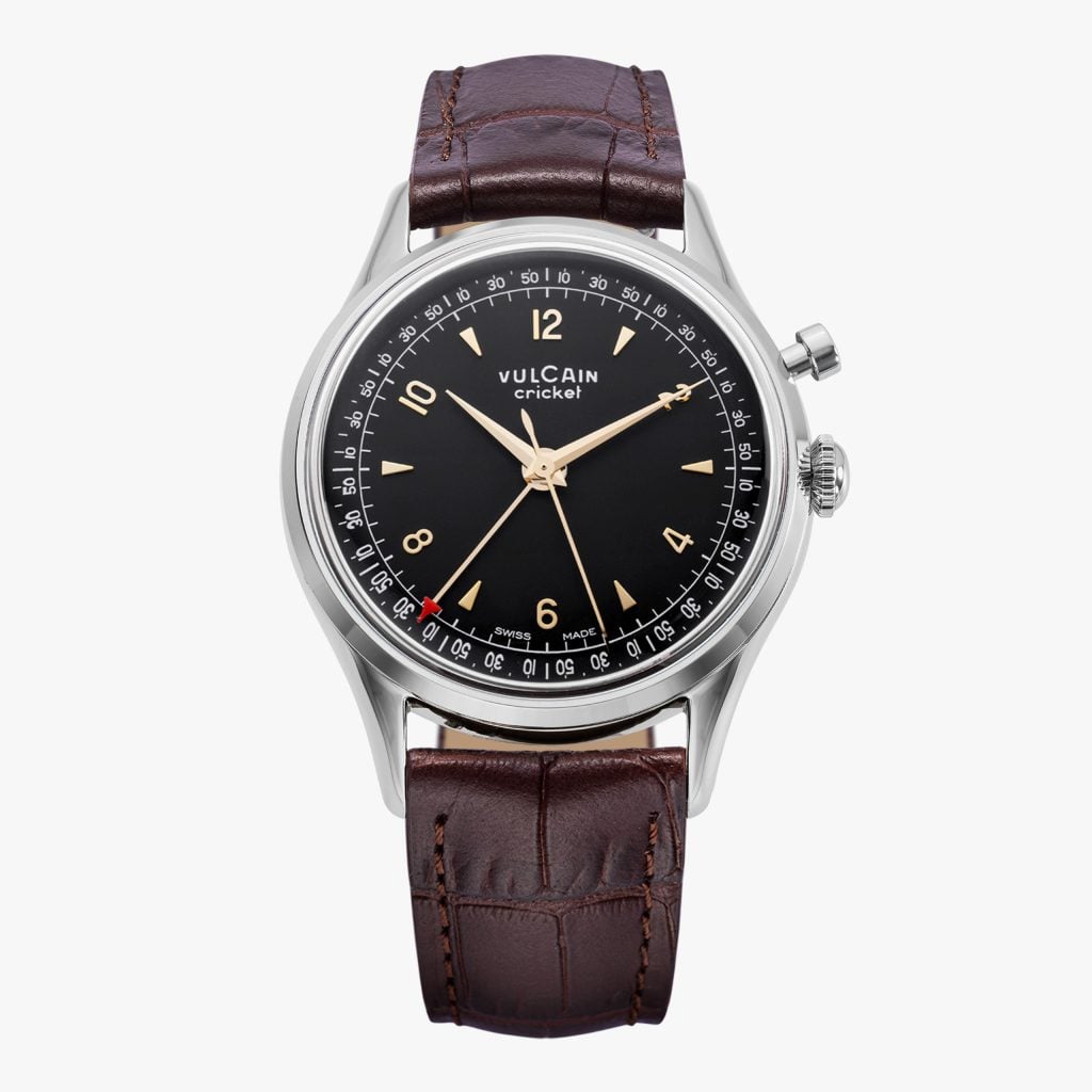 Vulcain Cricket Tradition - Black & Gold – Brown Calf Skin Leather ALLIGATOR-PRINTED, Sapphire Crystal See Through Case BACK, 36 mm